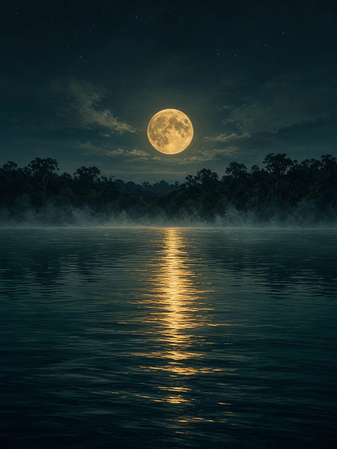 Rio brasileiro à noite sob lua cheia, com neblina baixa sobre a água